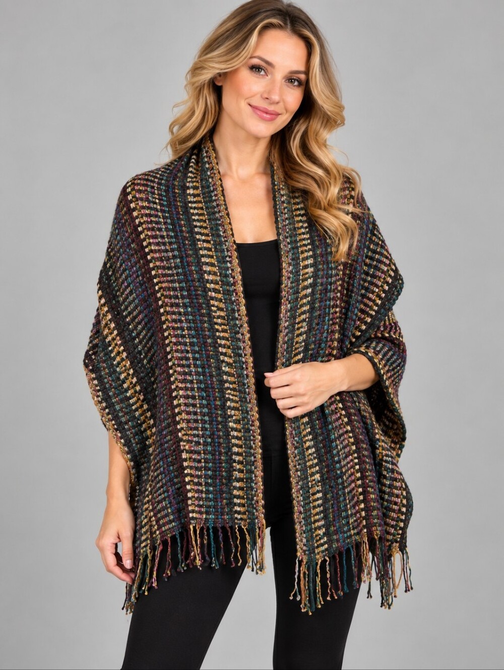 SACRED THREADS Multi-Color Rainbow Viscose Woven Check Fringe Scarf